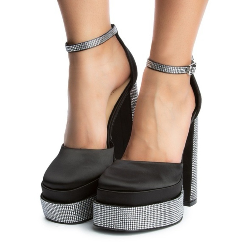 Azalea Wang sugar and spice chunky pump - Black Satin with Rhinestone Platform